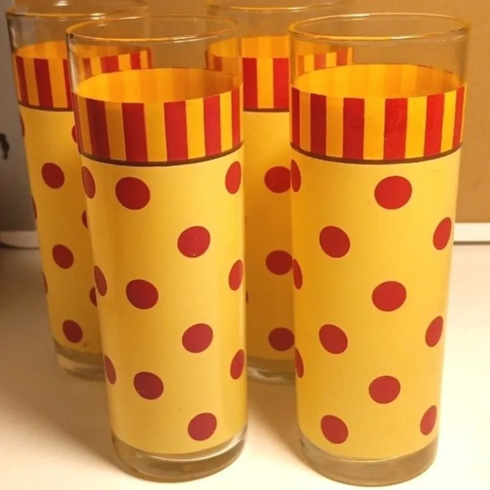 Gail Pittman MCM Sienna Red Yellow Polka Dot Striped Highball Glasses